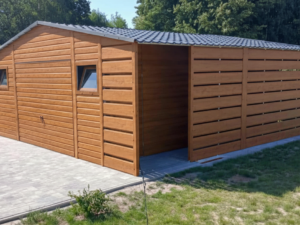 Plechová garáž 5×6 m – zlatý dub/Přístřešek "MAREK"
