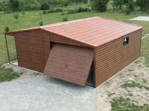 Plechová garáž 6×6 m – zlatý dub/Přístřešek "MARTIN"