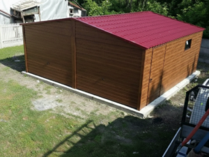 Plechová garáž 7×7 m – zlatý dub/výklopná vrata "BOHUMIL"