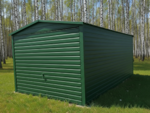 Plechová garáž 3×6 m – tmavě zelená matná/výklopná vrata "TOM"