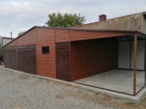 Plechová garáž 9×6 m – zlatý dub + Přístřešek 3X6 m "SEBASTIAN"