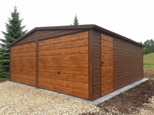 Plechová garáž 6×6 m – Ořech/Zlatý dub tmavý "ARNOST"