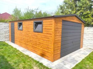Plechová garáž 3,5×6 m Zlatý dub světlý /dveře/2x okno"DON 5"