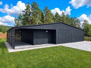Plechová garáž 9×7 m – grafit tmavý + přístřešek 3×7 m"SYLVESTER"