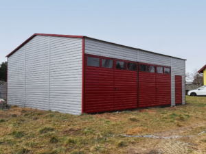Plechová hala 8×10 x3,5m – bílá/třešeň tmavá matná "POSEJDON"