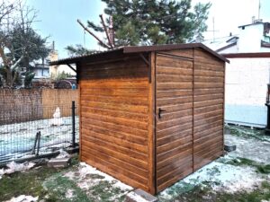 Zahradní domek 2×2m – Zlatý dub + přístřešek 0,5X2M " vonná FIALKA"