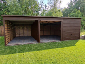 Plechová montovaná garáž 6×6 m – ořech s přístřeškem 3X6 "FERENC"