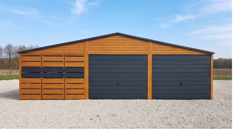 Plechová garáž 9×5 m – zlatý dub světlý/grafit tmavý matný "FRANTISEK"