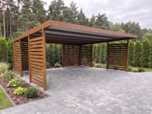 Přístřešek pro dvě auta v rozměru 6 x 6 m oboustranný panel, u panelu na jedné straně je konečná cena 79 200