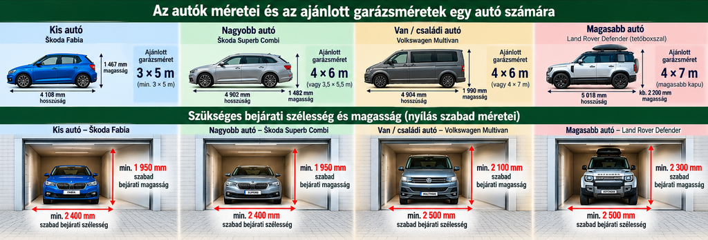 A parkoló javasolt méretei egy autóhoz a jármű típusa szerint